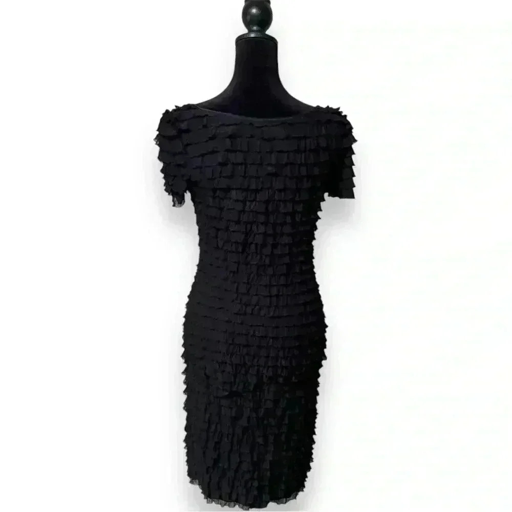 Betsy Johnson P Black Short Sleeve Ruffled Scoop Neck Bodycon Girly Minidress - Picture 14 of 16